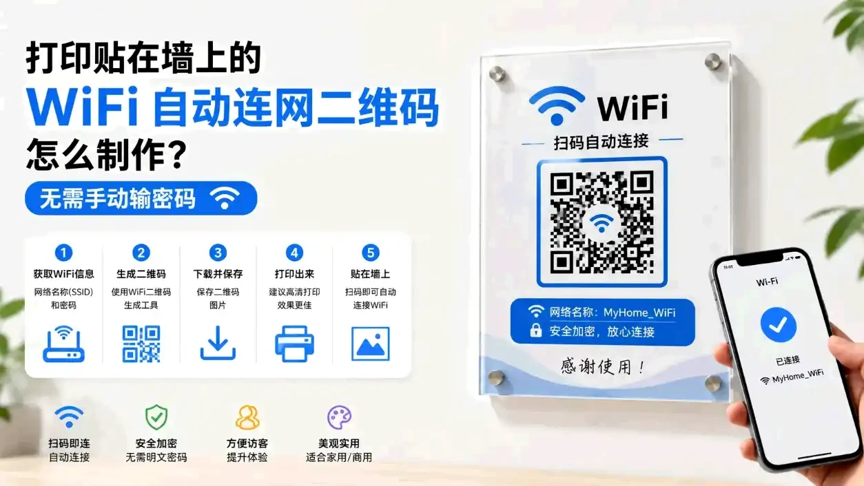 打印贴在墙上的 WiFi 自动连网二维码怎么制作？无需手动输密码